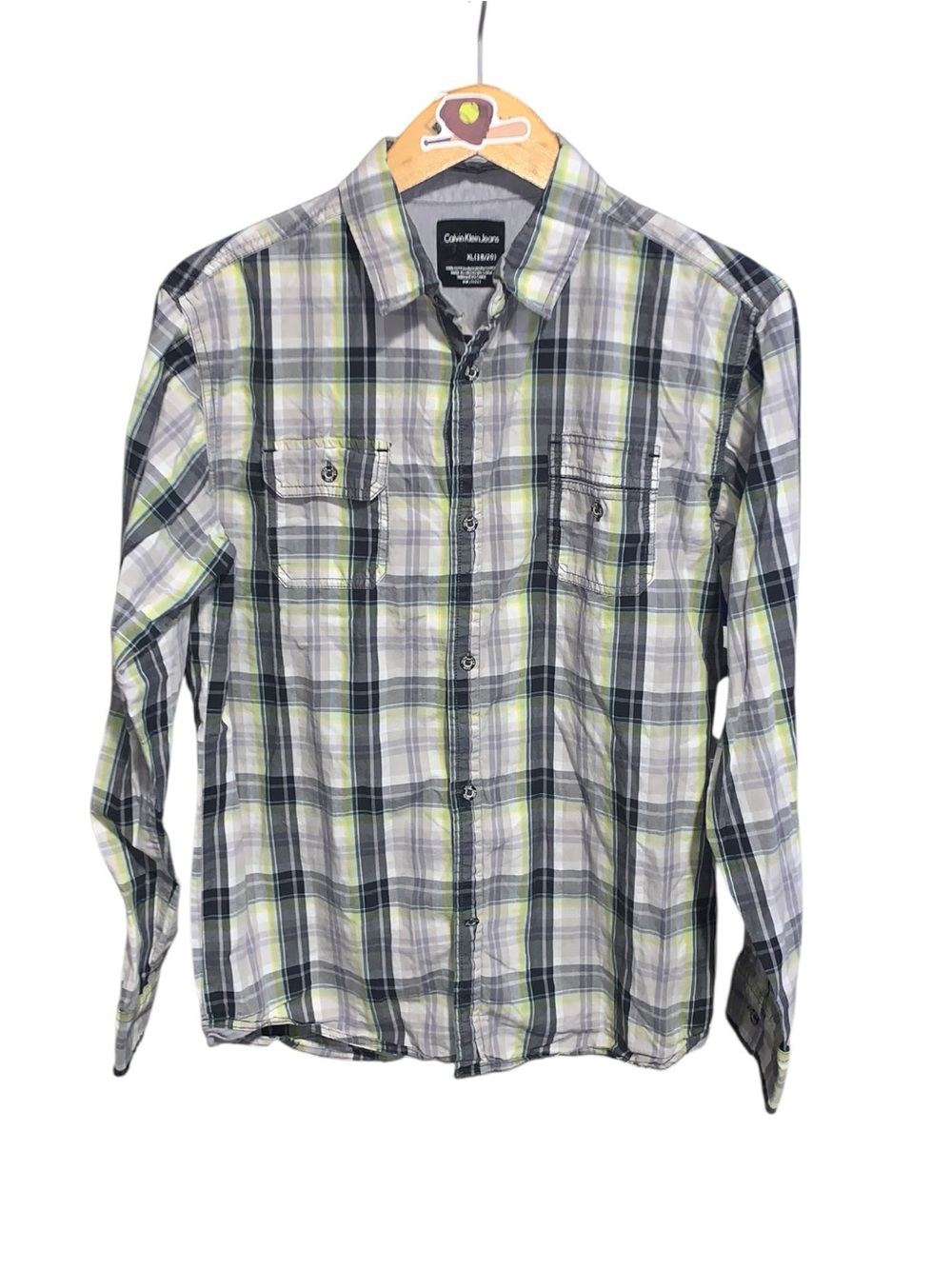 Calvin Klein Jeans Boys XL 18/20 Plaid Button-Down Shirt in Green and Gray